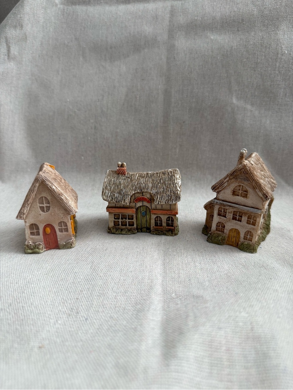 Miniature Cottage Figurine Trio - Beige, Brown, Green Accents